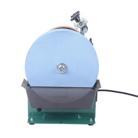Tough As Nails 110V Water Cooled Grinder With 10 Inch Sharpening Stone front view showing blue sharpening wheel and water tray.