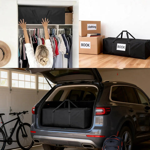 Person storing the 42 Inch Large Zippered Duffel Bag for Travel Camping and Sports Gear in closet, trunk, and with boxes