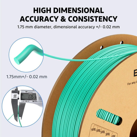 PLA+ 3D printer filament, turquoise, 1.75 mm on a cardboard spool; close-up showing diameter spec