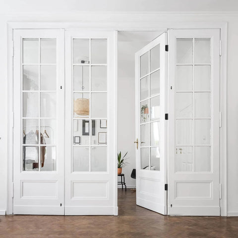 White folding doors with glass panels installed with 3 Pack Black Exterior Door Hinges 4 Inch With Five Eighth Inch Radius Removable Pin Rust Resistant And No Squeaks For Heavy Duty Front And Back Doors Includes Screws Durable Steel Construction For Long Lasting Exterior Use