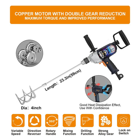 Heavy Duty 9A Corded Drill Mixer With Spade Handle Half Inch Chuck 360 Degree Rotation Pro Grade Concrete Mud Mixing Drill Machine