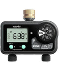 Front view of Brass Two Station Hose Timer With Large Digital Display Six Programmable Programs Per Day And Delay Start