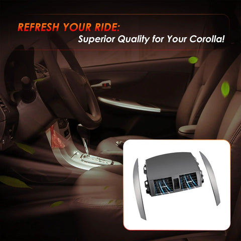 Center A/C dash vent trim panel for 2008–2013 Corolla, gray with left and right cover strips, installed view