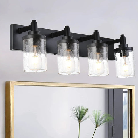 4 Light Vanity Light Fixtures For Bathroom Black Over Mirror Farmhouse Style Wall Lamps With Seeded Glass Shades