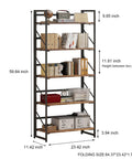 Sleek Five Tier Folding Bookshelf, Legit Heavy Duty Metal Frame And Vintage Wood Shelves with dimensions 59.84H x 23.42W x 11.42D inches.