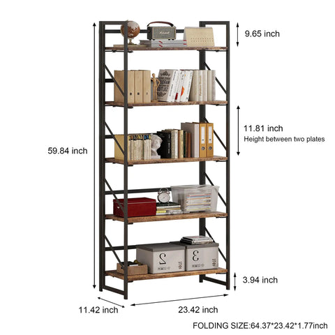 Sleek Five Tier Folding Bookshelf, Legit Heavy Duty Metal Frame And Vintage Wood Shelves with dimensions 59.84H x 23.42W x 11.42D inches.