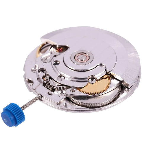 ETA 2824-2 Sellita SW200 Automatic Watch Movement With Quick Date Set, shown in partial side view with blue crown