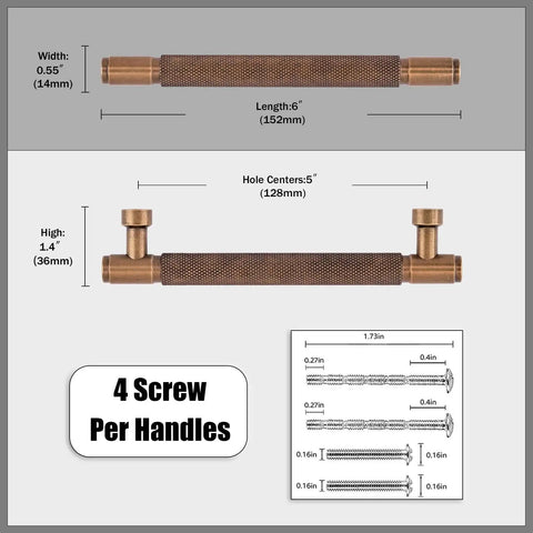 Diagram of 10 Pack Antique Brass Knurled Cabinet Pulls 5 Inch 128mm Kitchen Cabinet Handles with dimensions and screws