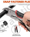 Snap fastener pliers clamping a pipe, showing adjustable tension screw and red slip handles for comfort, part of 56 Pieces Nylon Hose Clamps Set
