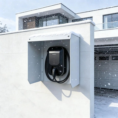 Keep Your Daily Driver Dry With This Tough Weatherproof EV Charger Cover For Outdoor Wall Mounts Featuring A Snappy Magnetic Flip Door And Heavy Duty Storm Guard, installed in snowy conditions.