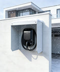 Heavy Duty Built Like A Tank EV Charger Weatherproof Cover Featuring Tight Magnetic Flip Lid And Tinted Canopy in snow