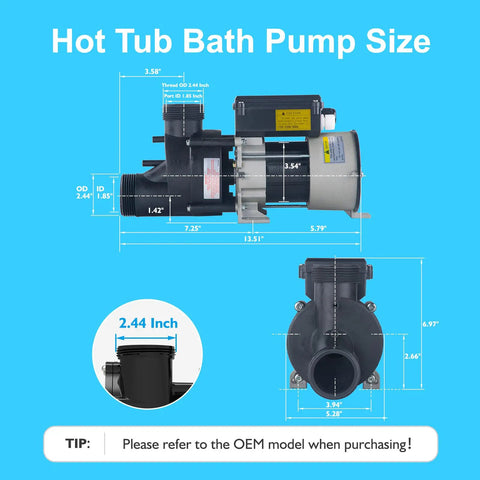 Hot Tub Bath Pump Size dimensions 1HP pump with measurements for ports and motor details suitable for Top Shelf 1Hp Hot Tub And Spa Bath Pump Replacement That Works Like A Charm On 115 Volts With A Rock Solid Pure Copper Motor And Fits A Standard One Point Five Inch Port For Zero Hassle Jet Power Daily.