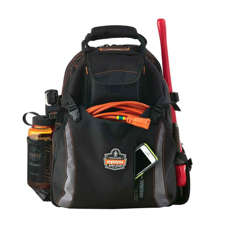 Arsenal 5843 Tool Backpack With Dual Compartments For Pros, Heavy Duty 1200D Ballistic Polyester, black with tools visible