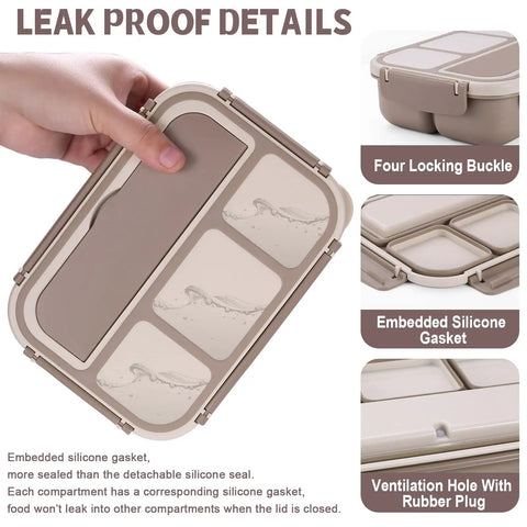 All In One Bento Lunch Box For Adults With Four Compartments Includes Utensils Sauce Jar Muffin Liners 40 Ounce Capacity Microwave And Dishwasher Safe Meal Prep Friendly Brown showing leak-proof gaskets and locking buckles.