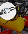 Air Compressor Pressure Switch 120 To 150 Psi With 120V AC Control Plug And Play Setup Includes Rubber Hose Fittings Screw And Clamp Ready To Install Pressure Controller For N003306SV Compatibility shown installed on a yellow air compressor with a red air hose.