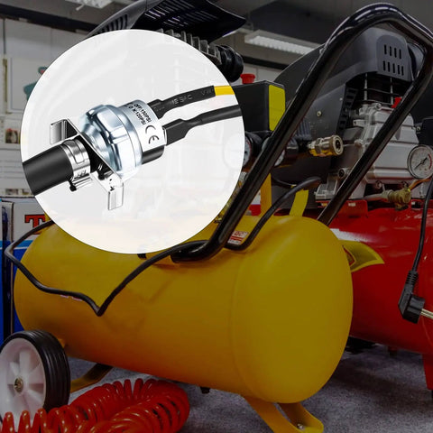 Air Compressor Pressure Switch 120 To 150 Psi With 120V AC Control Plug And Play Setup Includes Rubber Hose Fittings Screw And Clamp Ready To Install Pressure Controller For N003306SV Compatibility shown installed on a yellow air compressor with a red air hose.
