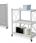 3 Tier Foldable Storage Shelves With Rollin Wheels Zero Fuss No Assembly Metal Rack Shelving Unit White with two levels holding kitchen items.