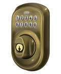 Plymouth Electronic Keypad Deadbolt Lock With Keyless Front Door Entry For Easy No Key Fumble Home Access, Mechanical Key Backup Included, Antique Brass Finish, BE365 V PLY 609, Strong Grade 2 Security shown in front view.