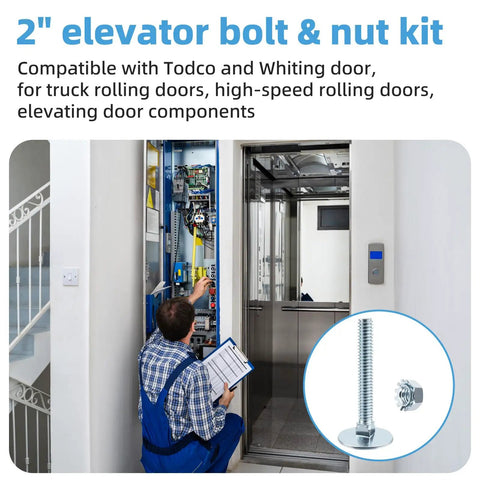 2 Inch stainless steel elevator bolt and nut kit for mounting commercial truck rolling doors and high-speed door tracks.