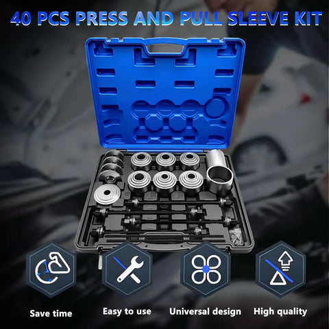 Open case showing the 40Pcs Pull And Press Sleeve Kit For Cars And SUVs Universal Bearing Bushing Removal And Installation Tool Set