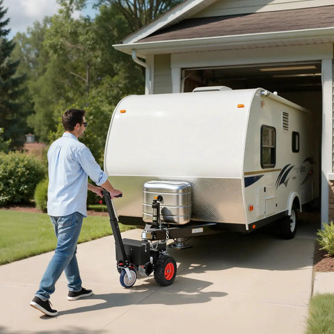 Man using VEVOR Electric Trailer Dolly Moves 3600 Lbs With Ease to maneuver RV trailer on driveway.