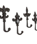 Built Like A Tank Cast Iron Wall Mount Key Hooks For Entryway And Garage Featuring Classic Fleur De Lis Charm Dark Brown Coat set of four hooks on white background.