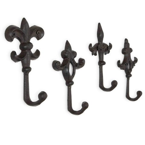 Built Like A Tank Cast Iron Wall Mount Key Hooks For Entryway And Garage Featuring Classic Fleur De Lis Charm Dark Brown Coat set of four hooks on white background.