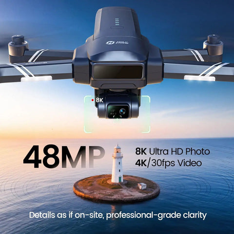 Super Cool Three Axis Gimbal Drone With Camera For Adults Captures Professional Eight K Photos flying above a lighthouse.