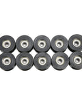 10 black nylon-coated roller pulleys with metal bearings, front view