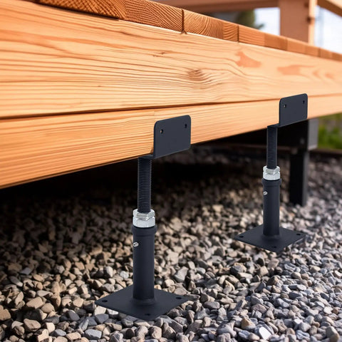 Heavy Duty U Shaped Floor Jacks 4 Pack Adjustable Steel Teleposts supporting a wooden deck framed with gravel.