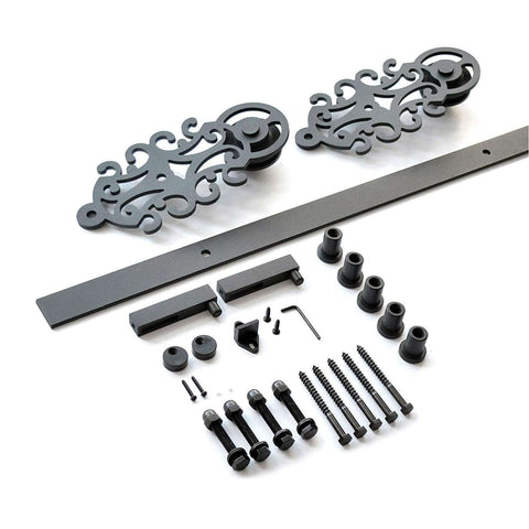 Double Sliding Barn Door Hardware Track Kit In Black Steel For Closet And Interior Doors, Bypass Rolling Set, 13.2Ft Length components.
