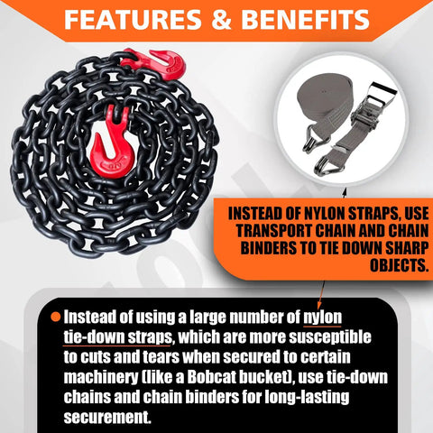 G80 Heavy Duty Binder Chain 3/8 Inch By 10 Foot With Clevis Grab Hooks 7100 Lbs Safe Working Load shown with red hooks.