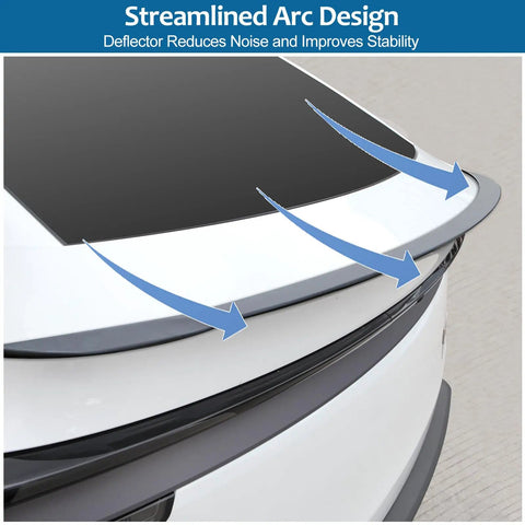 Slick Rear Trunk Spoiler For Tesla Model Y Juniper 2025 2026 showing streamlined arc design for aerodynamic stability.