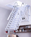 Electric Telescoping Loft Ladder With Smooth As Butter Remote Control Pull Down Attic Stairs shown opened inside a room
