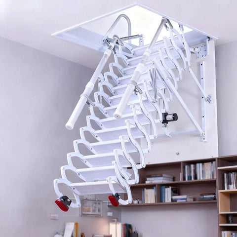 Electric Telescoping Loft Ladder With Smooth As Butter Remote Control Pull Down Attic Stairs shown opened inside a room