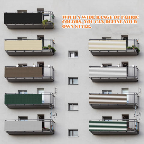 Apartment balconies with colorful privacy screens, illustrating Balcony Privacy Screen For Decks And Patios No Fuss Install
