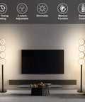 72W Dimmable LED Floor Lamp with Remote Control, modern black standing lamp in living room setup, 3 color temperatures.