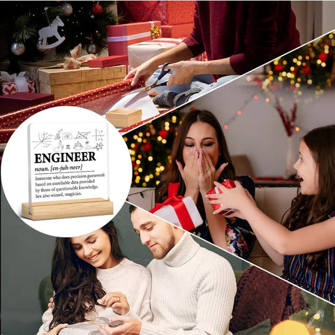 Engineer Definition Acrylic Plaque With Wooden Stand 4x4 Inch Square Cool Desk Sign alongside gift-giving scenes, adding festive cheer.