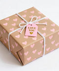 Gift box with heart-patterned paper and tag, tied with Food Grade Cotton Twine For Cooking And Baking 2mm Thick 8 Ply Extra Strength Kitchen Rope 328ft Beige Oven Safe For Trussing Roasts Turkey Sausage Making And Craft Projects Workhorse Kitchen String.