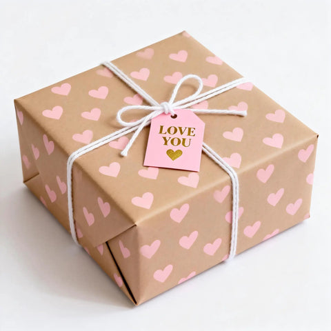 Gift box with heart-patterned paper and tag, tied with Food Grade Cotton Twine For Cooking And Baking 2mm Thick 8 Ply Extra Strength Kitchen Rope 328ft Beige Oven Safe For Trussing Roasts Turkey Sausage Making And Craft Projects Workhorse Kitchen String.