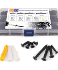 DIY Wood Screws Assortment Kit With 480 Pieces M3 And M4 Black Self Tapping Fasteners For Cabinet Hinges And Micro Woodworking, includes 30 M6 Anchors in clear case with screws and anchors displayed.