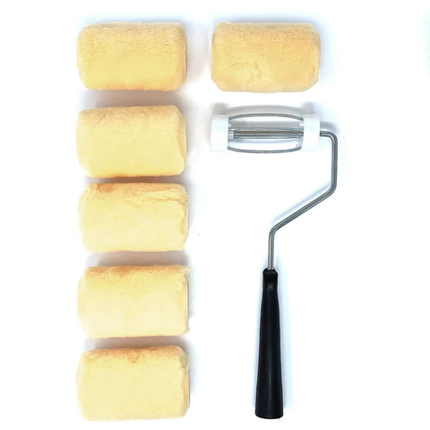 Six Piece Pro Grade 4 Inch Shedless Roller Covers With Roller Frame Kit Lint Free Three Eighth Inch Nap Heavy Duty Zinc Plated Frame Soft Grip Handle Ideal For Smooth Professional Home Painting.