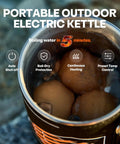 Portable Outdoor Electric Kettle with water boiling, featuring auto shut-off and boil-dry protection.