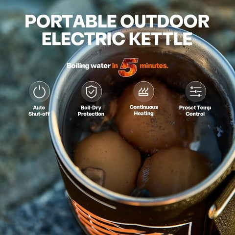 Portable Outdoor Electric Kettle with water boiling, featuring auto shut-off and boil-dry protection.