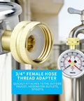 3/4 inch female hose thread adapter attached to outdoor faucet with 2.5 Inch Dial Water Pressure Gauge With Three Quarters Inch Female Hose Thread Waterproof Pressure Tester For Home And Garden Memory Pointer 0 To 100 Psi Durable Stainless Steel Case