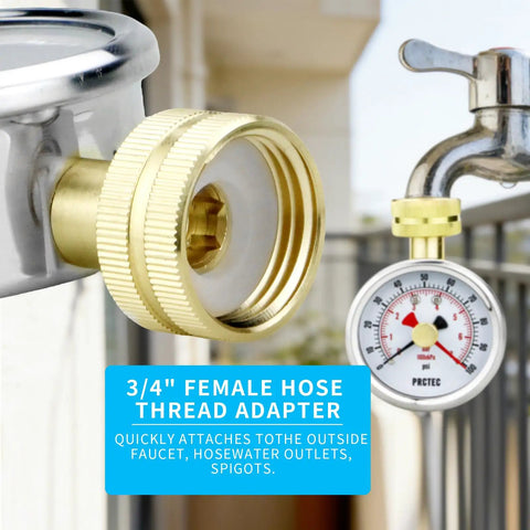 3/4 inch female hose thread adapter attached to outdoor faucet with 2.5 Inch Dial Water Pressure Gauge With Three Quarters Inch Female Hose Thread Waterproof Pressure Tester For Home And Garden Memory Pointer 0 To 100 Psi Durable Stainless Steel Case