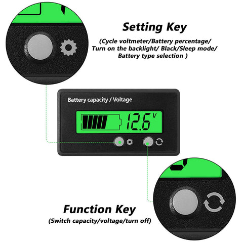 Golf Cart Battery Meter With Alarm And Front Button And Switch Key Settings 12V To 84V voltage gauge with green display and buttons