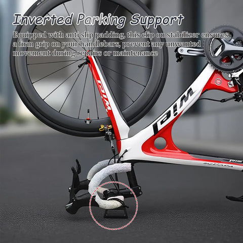 Mountain Bike Handlebar Stand Clip-On Stabilizer For Quick Fixes 29-34mm Clamp stabilizing a bike during maintenance.