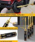 RC Tool Kit With Stand And 26 Piece Repair Set showing screwdriver with adjustable length and heavy-duty steel tips.