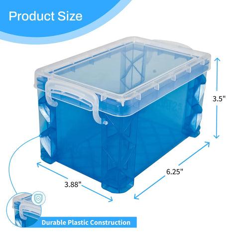 Durable 3x5 Index Card Box Organizer in blue with clear lid, shown with dimensions for card storage and quick note keeping.